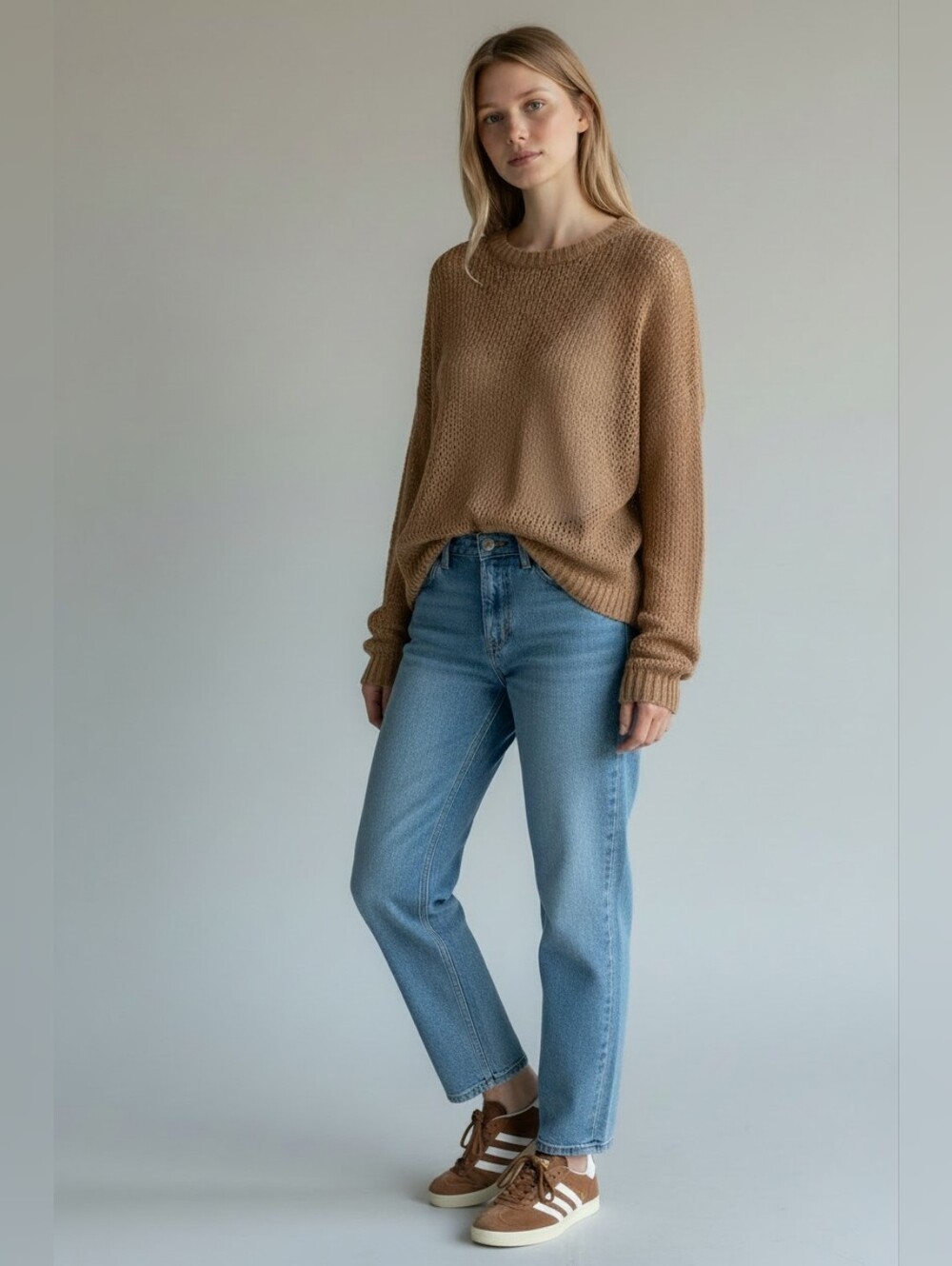 Aerie Camel Loose Knit Crewneck Sweater SZ XS